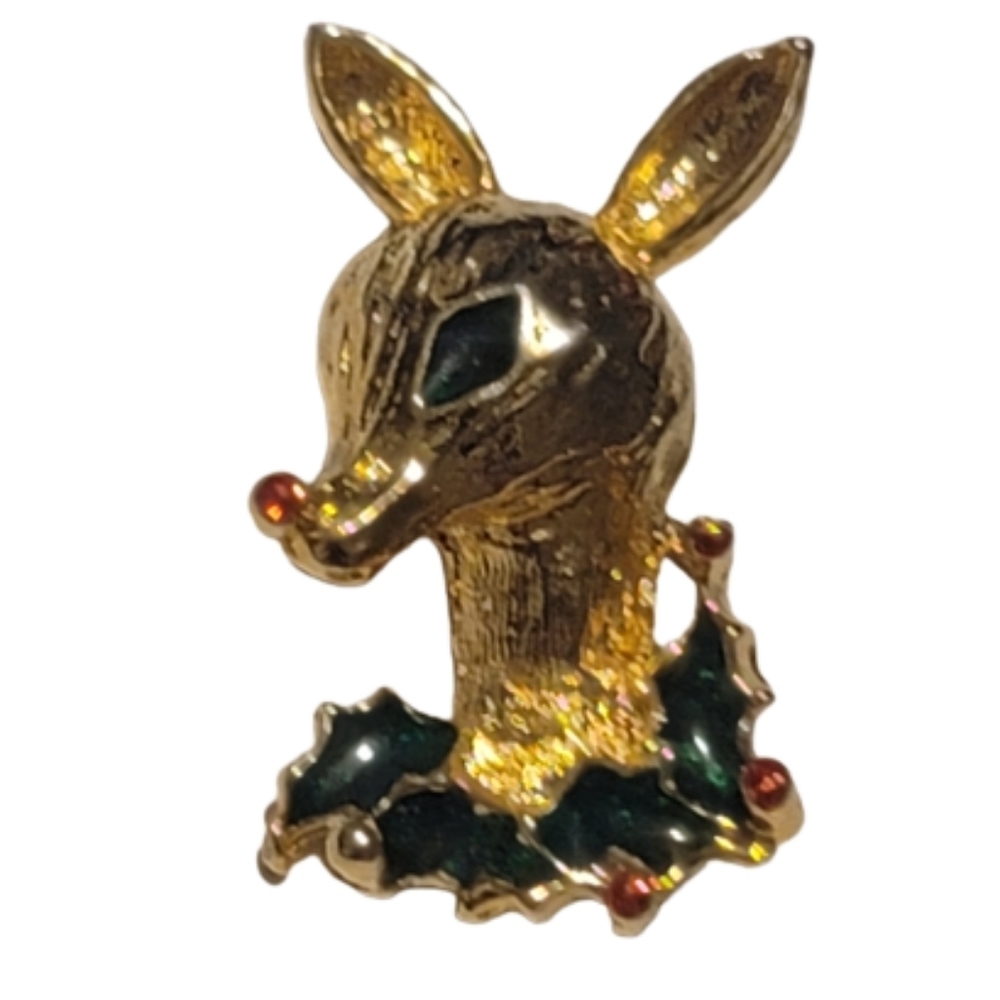 BROOCH reindeer head 1960s gerry lapel pin jewelry Christmas classic VINTAGE